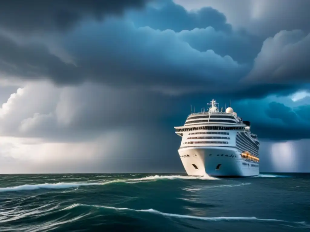 Un crucero navegando sereno en medio de una tormenta, mostrando preparación ante fenómenos meteorológicos