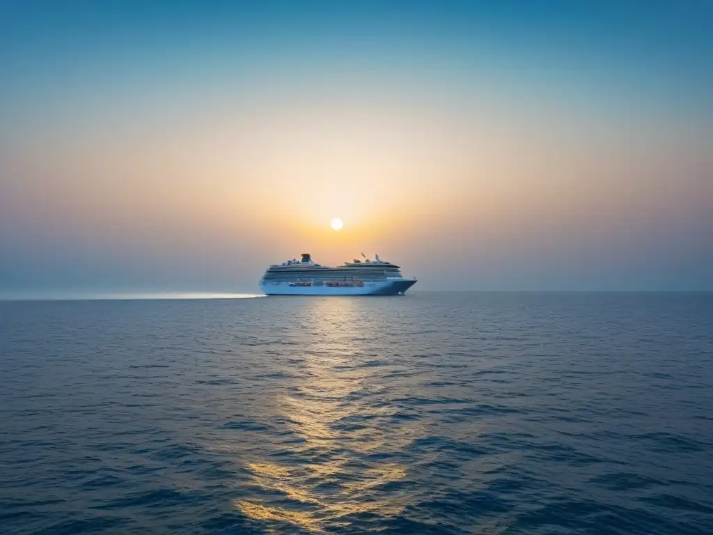 Un crucero solitario navegando en aguas tranquilas al atardecer, proyectando una atmósfera de paz interior