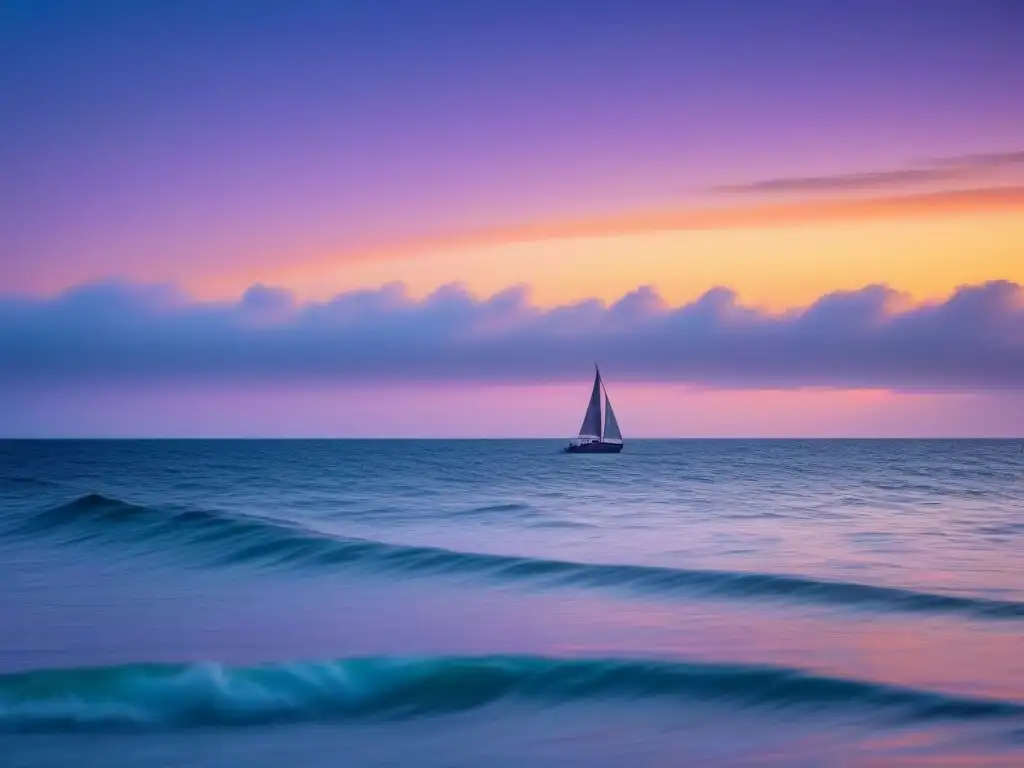 Crucero solitario surcando atardecer de tonos pastel en mar sereno