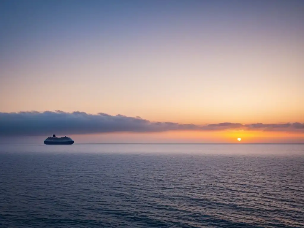 Un crucero solitario navega en un océano tranquilo al atardecer, simbolizando la calma en medio de situaciones peligrosas en cruceros