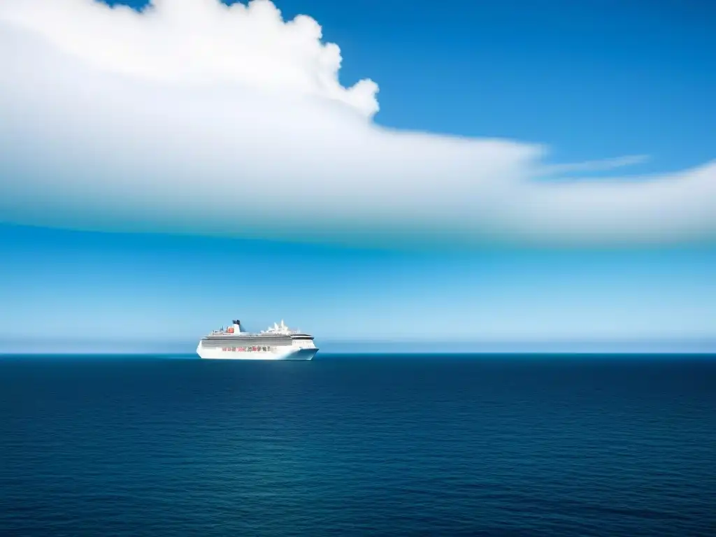 Un crucero solitario navegando en un vasto océano turquesa, reflejando la belleza y tranquilidad del abastecimiento en cruceros marítimos