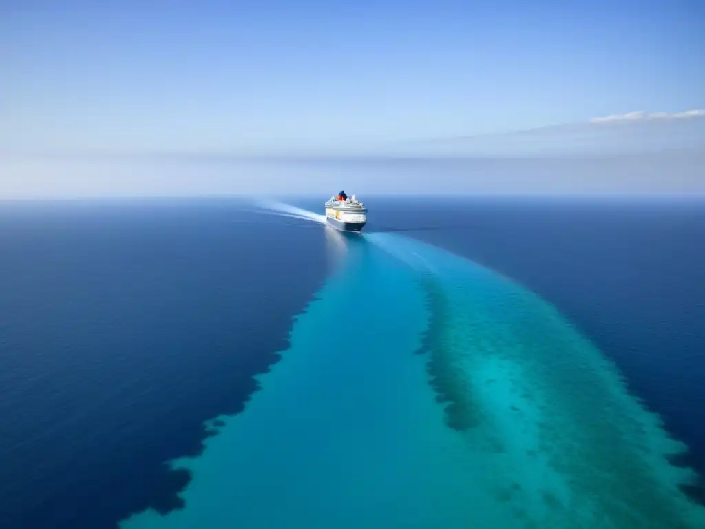 Un crucero solitario en un vasto océano azul, destacando el contraste entre el barco y el entorno natural