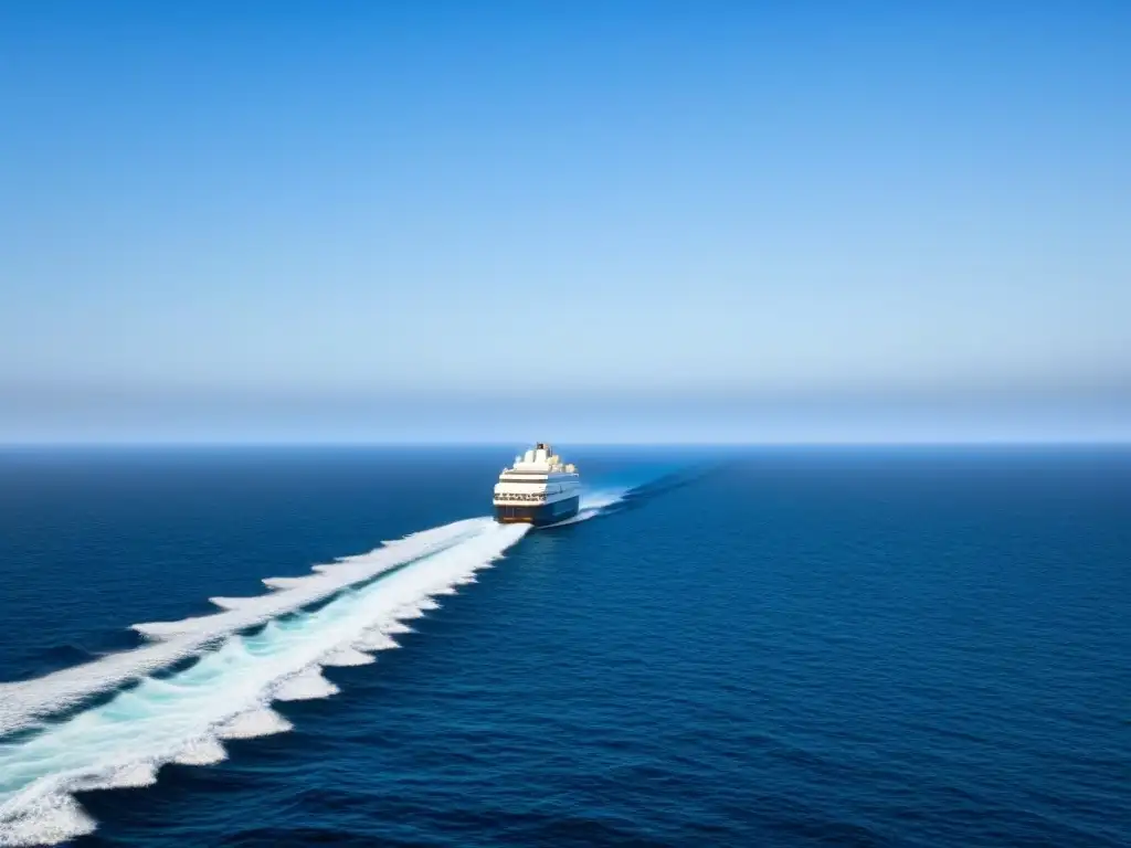 Un crucero solitario en un vasto y sereno océano, bajo un cielo azul claro