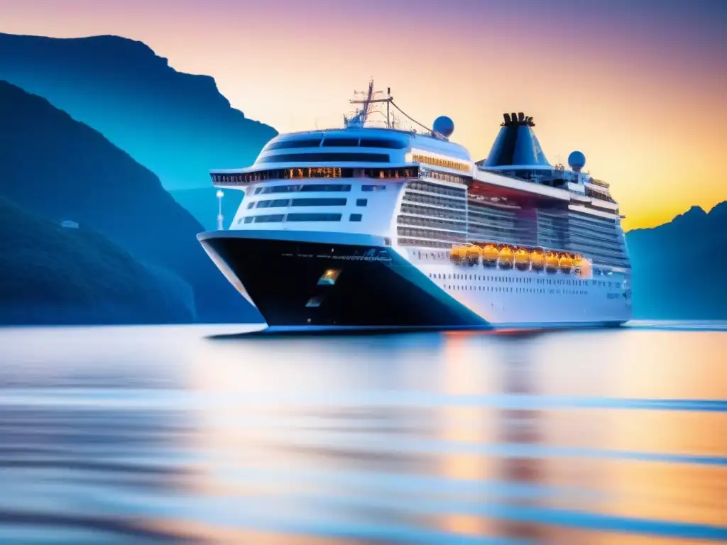 Un crucero solo para adultos navegando con elegancia en aguas cristalinas al atardecer, transmitiendo lujo y tranquilidad