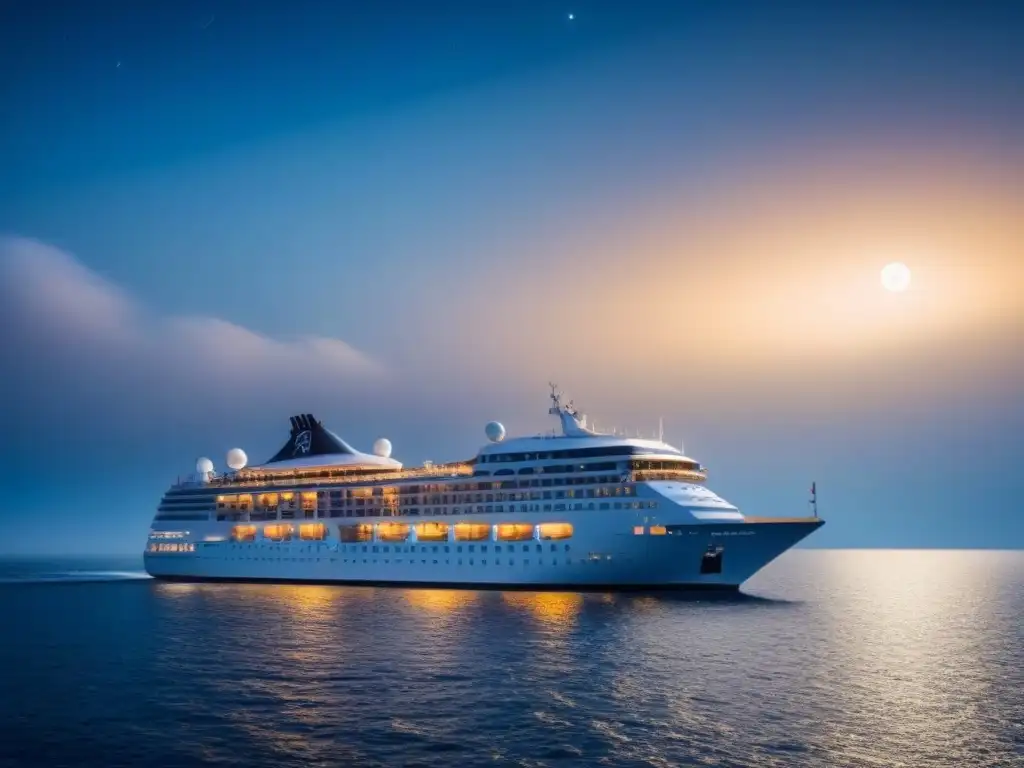 Un crucero solo para adultos navega con elegancia en aguas tranquilas bajo un cielo estrellado, creando sofisticación y tranquilidad