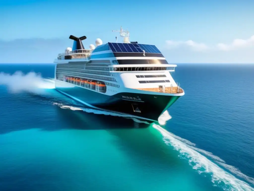 Un crucero sostenible surca aguas cristalinas entre naturaleza exuberante y vida marina, con ecoinnovaciones marítimas