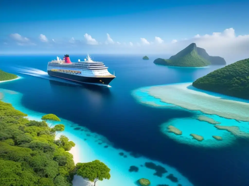 Crucero sostenible navegando entre la vida marina en aguas cristalinas Un crucero sostenible navega en aguas cristalinas junto a peces y arrecifes de coral