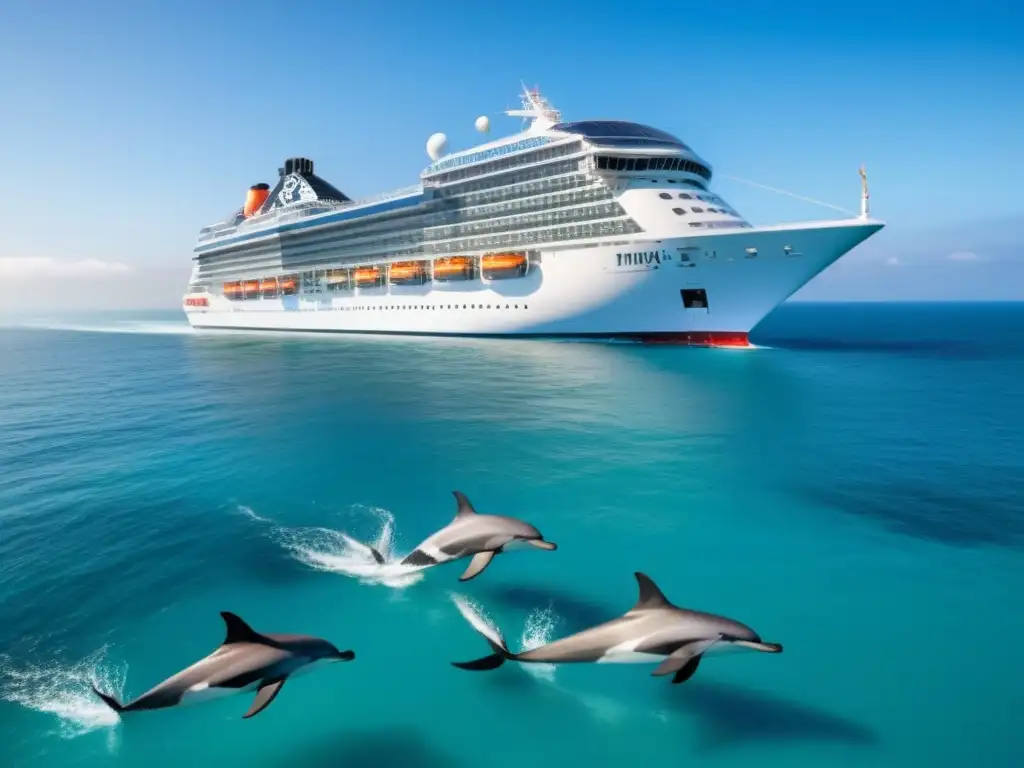 Un crucero sostenible navega en aguas cristalinas con delfines, mostrando iniciativas ecológicas