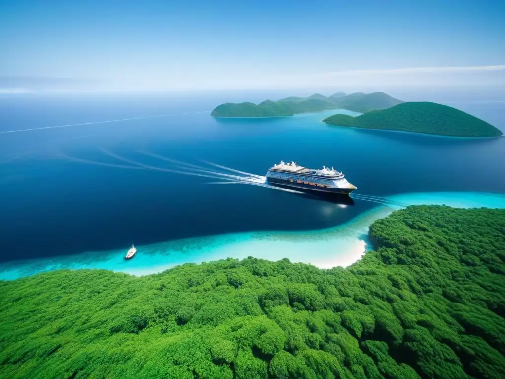 Un crucero sostenible navega en aguas cristalinas, rodeado de vegetación, sin emitir contaminación marina