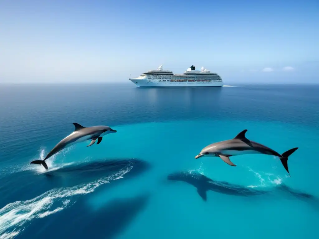 Un crucero sostenible navegando en aguas cristalinas con delfines, transmitiendo armonía y conservación de océanos