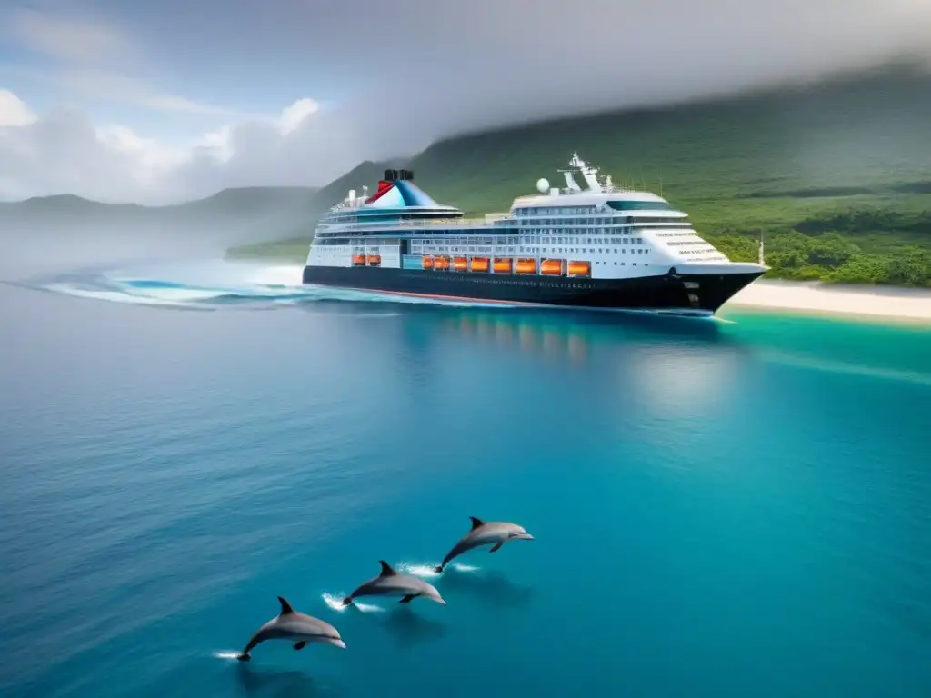Un crucero sostenible avanza suavemente por aguas cristalinas, con delfines jugando a su alrededor