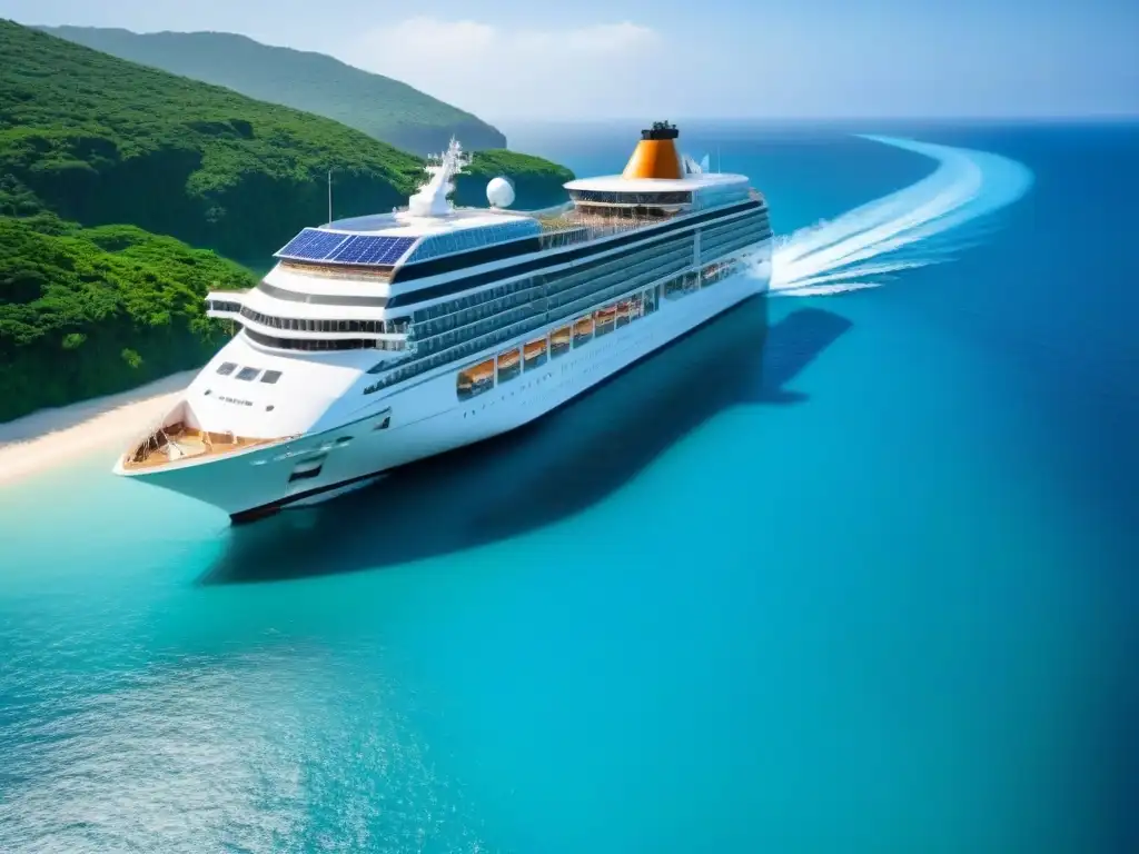 Crucero ecoamigable en aguas cristalinas Un crucero sostenible surca aguas cristalinas entre naturaleza exuberante