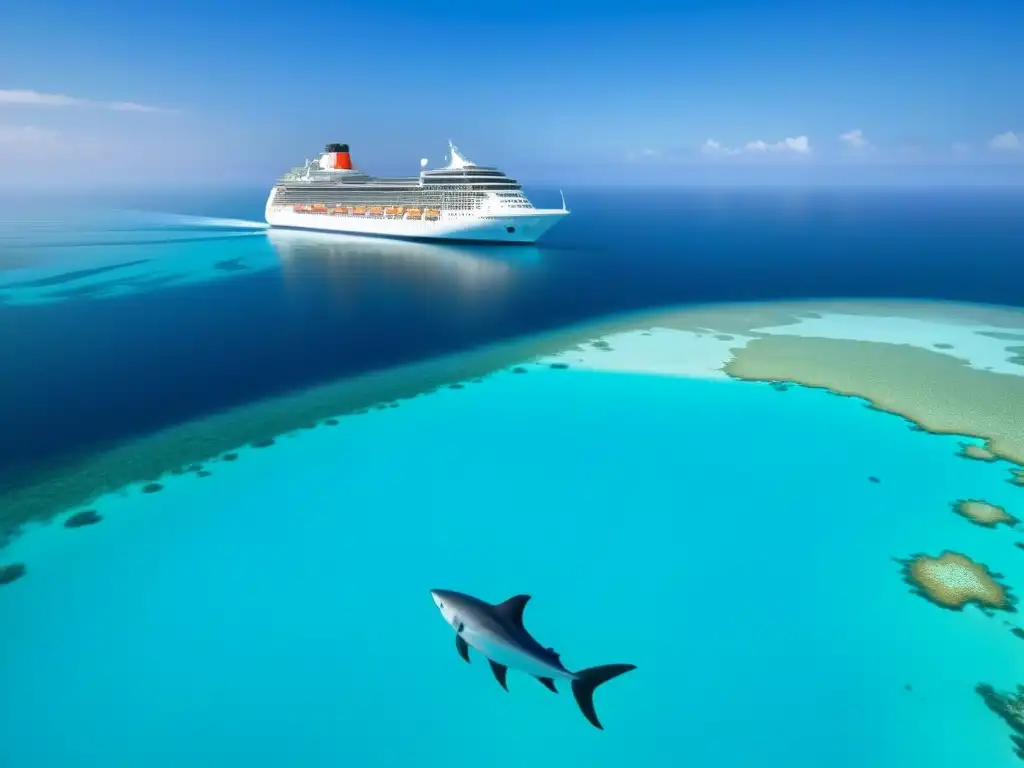 Un crucero sostenible navega en aguas cristalinas, rodeado de arrecifes de coral y peces coloridos