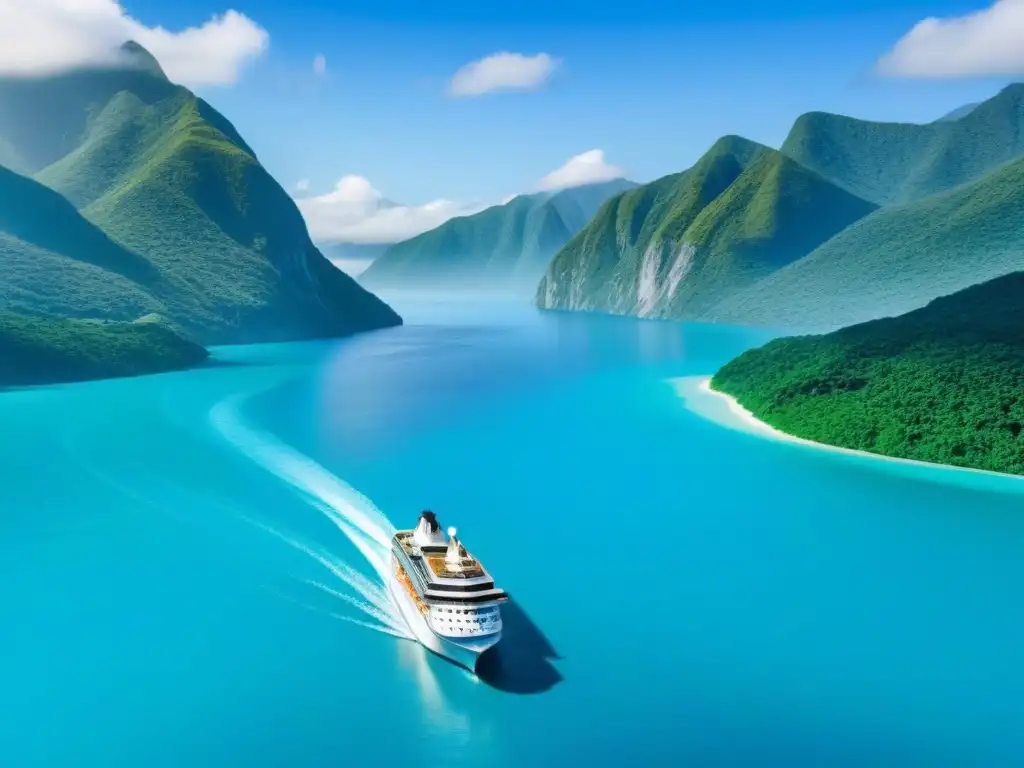 Un crucero sostenible navega en aguas turquesa con montañas verdes al fondo y cielo azul despejado