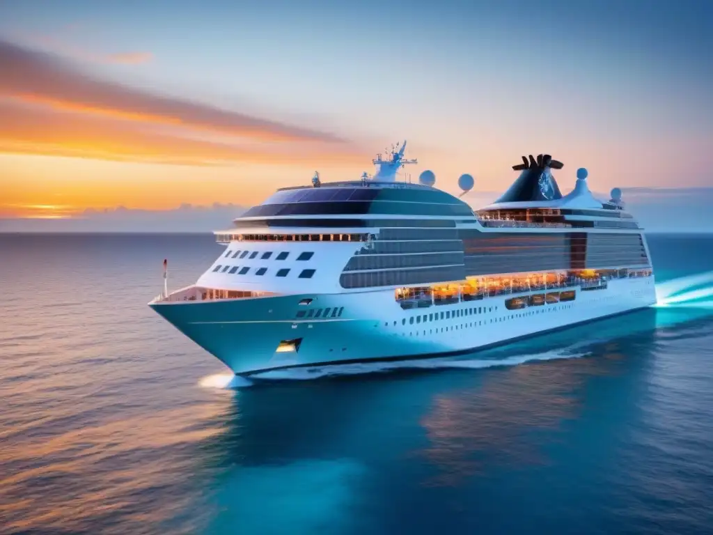 Crucero sostenible en aguas turquesas al atardecer, energías renovables