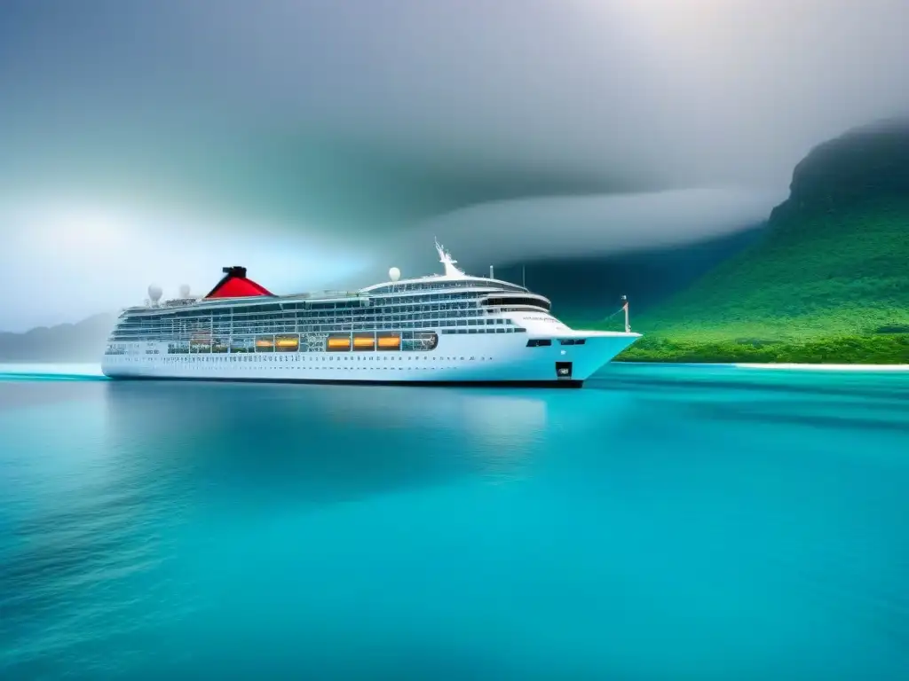 Un crucero sostenible navegando en aguas turquesas, rodeado de vida marina y exuberante vegetación en la costa