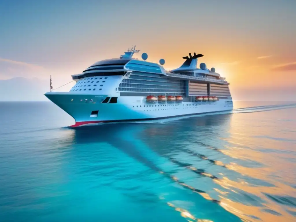 Crucero sostenible en aguas turquesas al atardecer, con paneles solares y vegetación