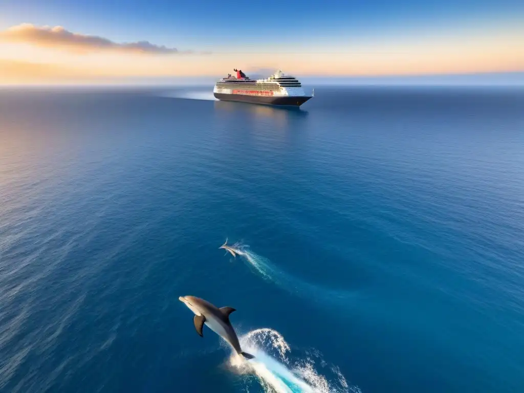 Un crucero sostenible en alta mar, rodeado de delfines y albatros, bajo un atardecer dorado