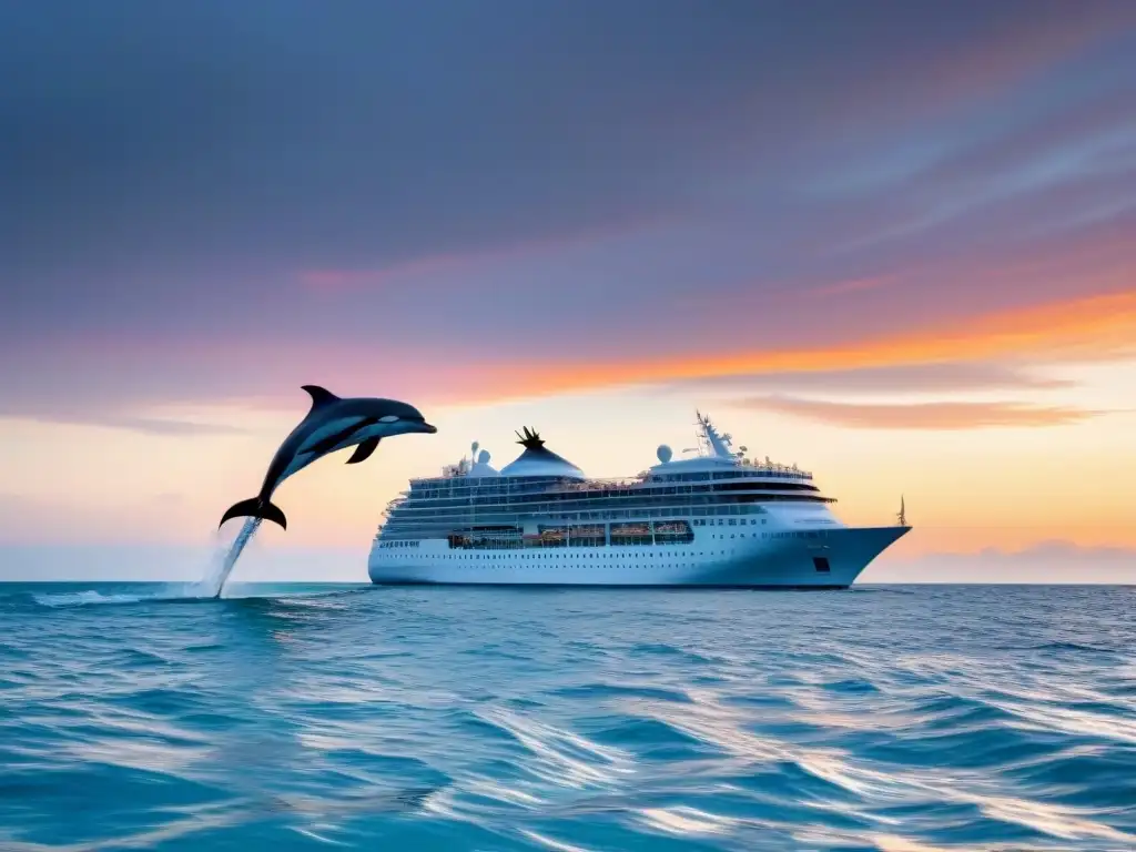 Un crucero sostenible en armonía con delfines en el océano, reflejando la conservación marina