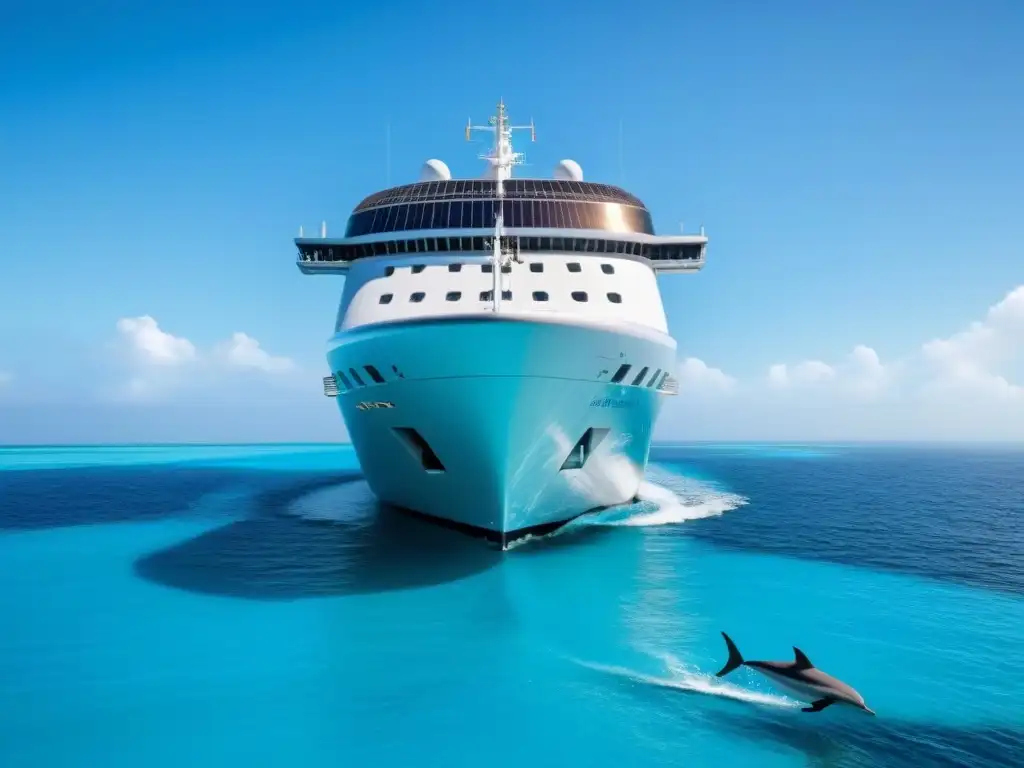 Un crucero sostenible en armonía con la naturaleza y la conservación marina, rodeado de delfines y arrecifes de coral