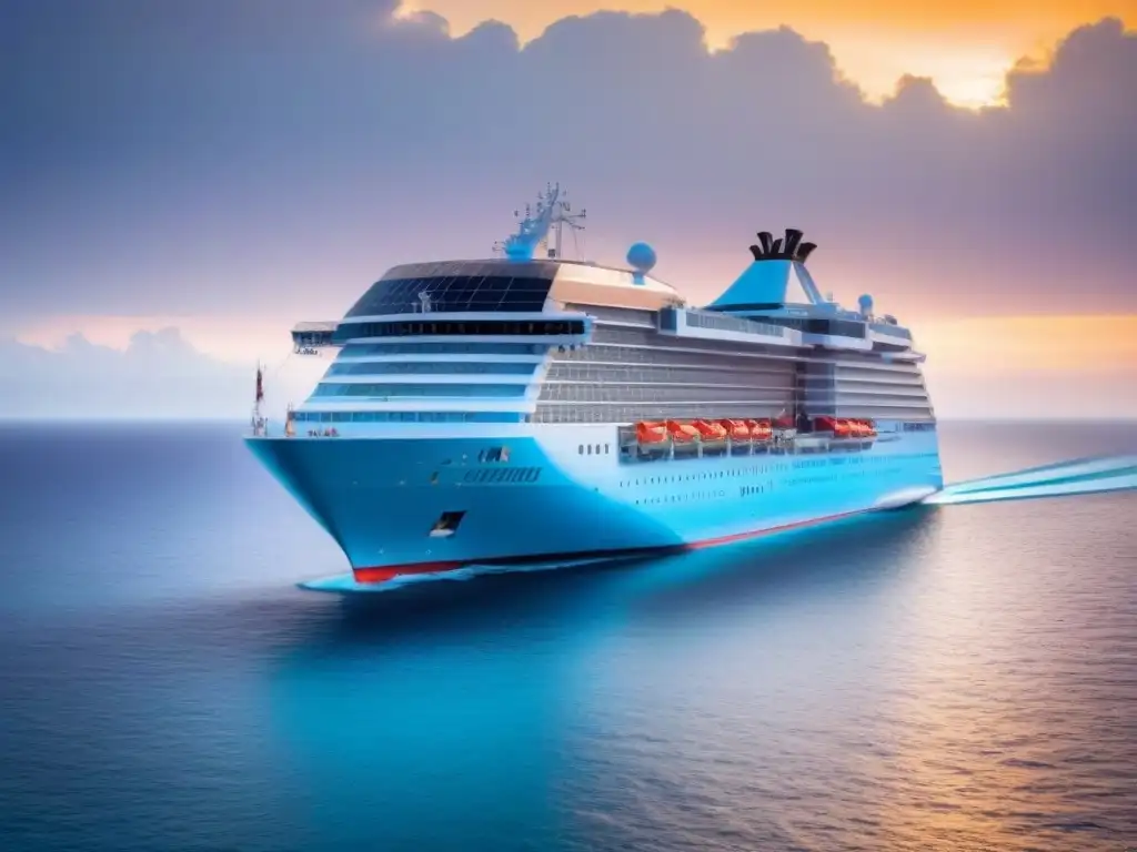 Crucero ecológico en aguas cristalinas con arrecifes de coral Un crucero sostenible navega entre arrecifes de coral, iluminado por el atardecer