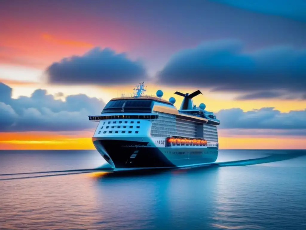 Un crucero sostenible navegando al atardecer en aguas cristalinas, simbolizando la lucha contra el cambio climático