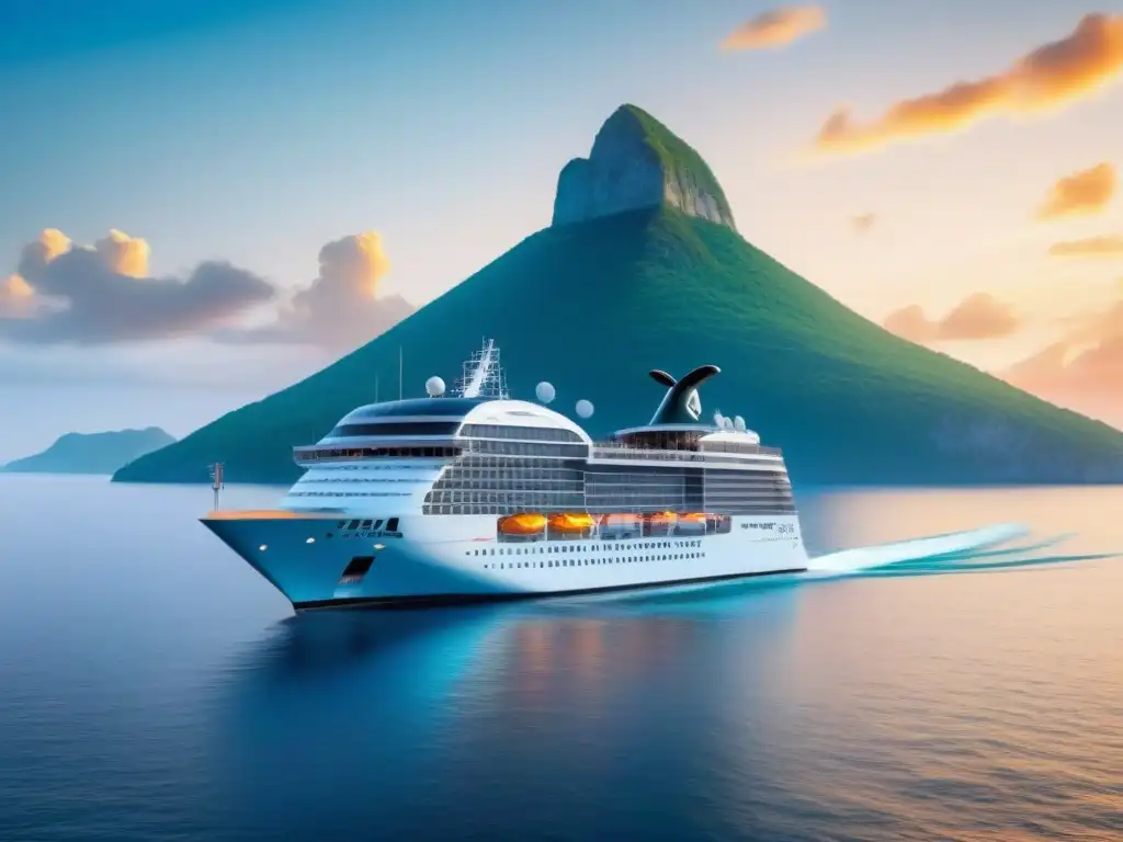 Un crucero sostenible avanza bajo un atardecer vibrante, rodeado de delfines y peces coloridos