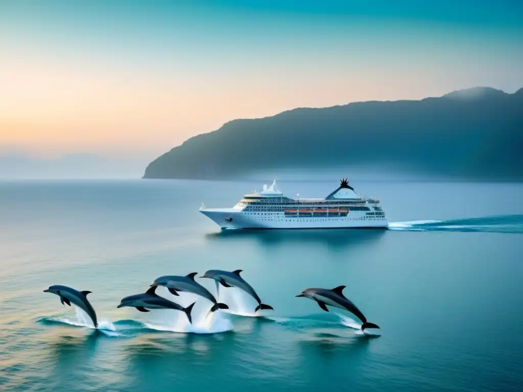 Un crucero sostenible navegando en calma con delfines, simbolizando la armonía entre vida marina y turismo responsable