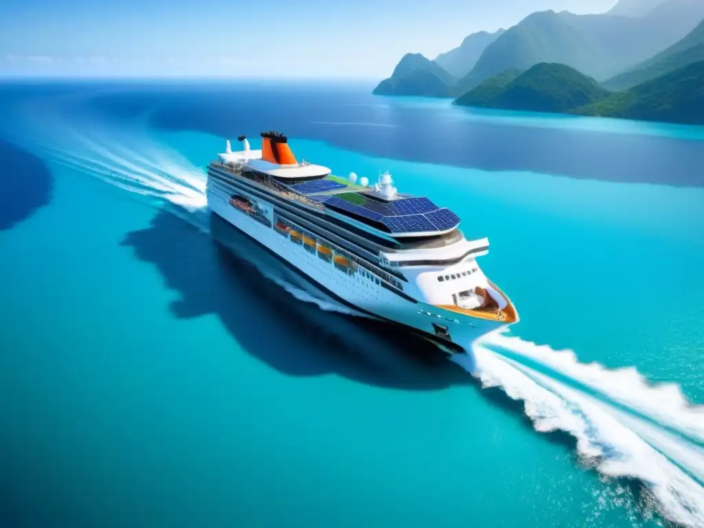 Crucero eco sostenible con energía renovable navegando en aguas turquesa entre islas verdes