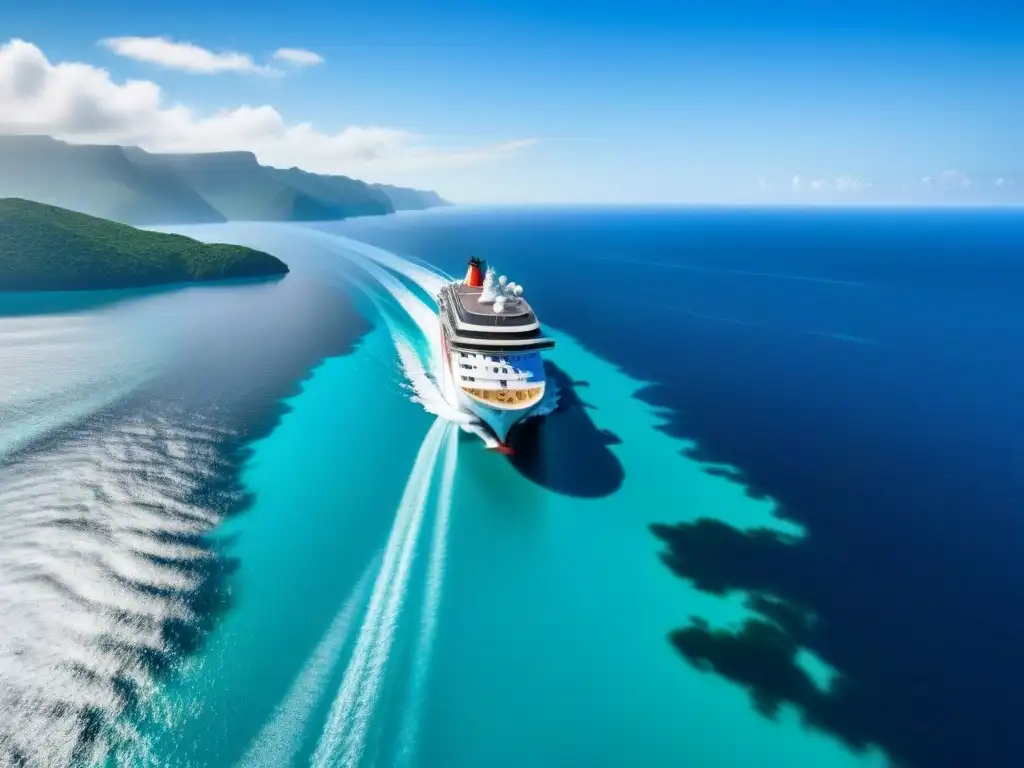 Un crucero sostenible con energías renovables navegando en aguas turquesas, bajo el sol brillante