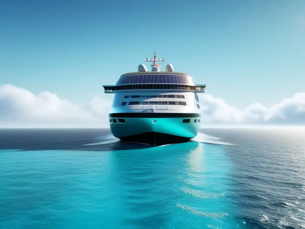 Un crucero sostenible con energías renovables surcando aguas turquesas, en armonía con la naturaleza