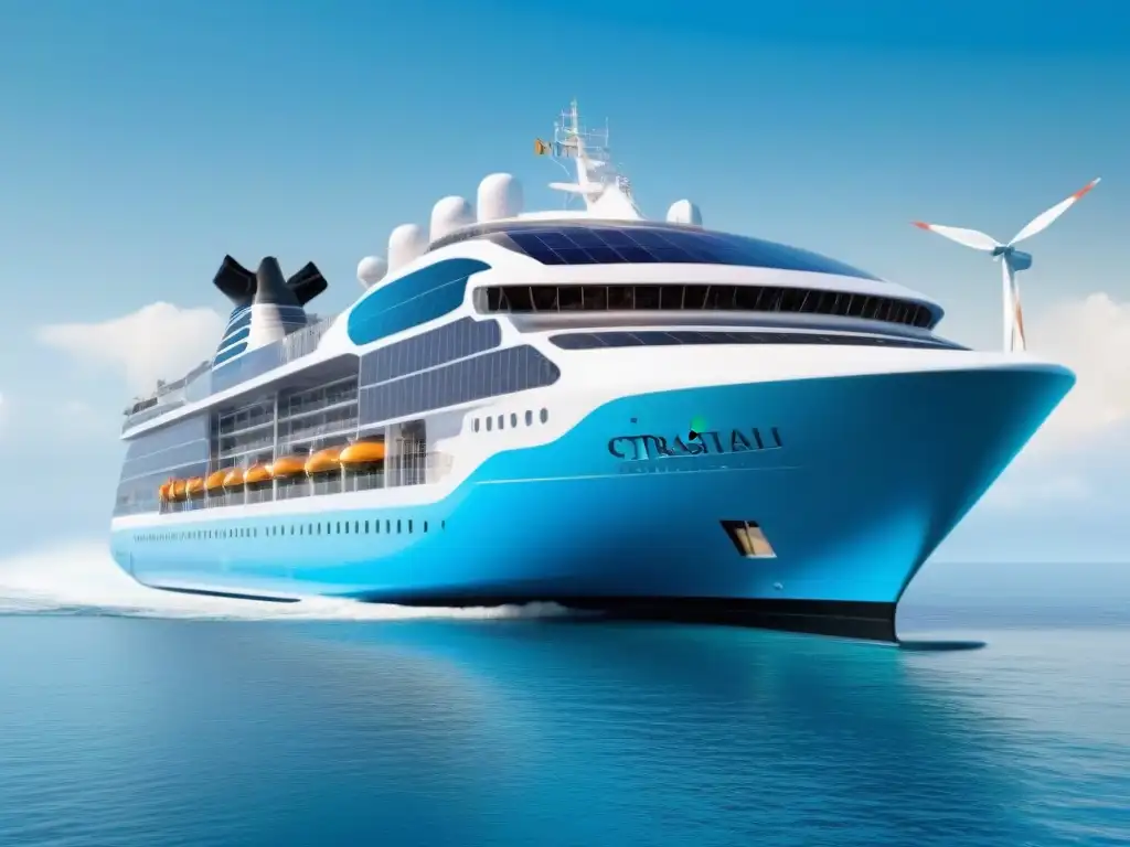 Crucero ecológico en armonía con la naturaleza Un crucero sostenible y futurista navegando en aguas cristalinas, rodeado de vida marina y exuberante vegetación