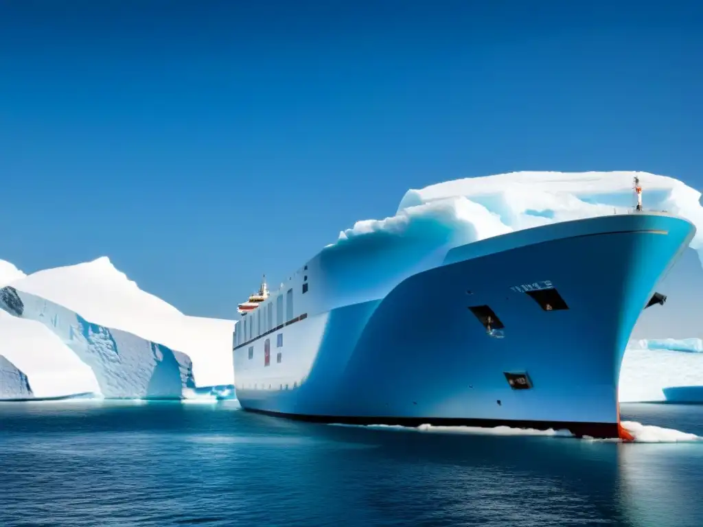 Un crucero sostenible navega entre icebergs, simbolizando el impacto del cambio climático en las rutas tradicionales