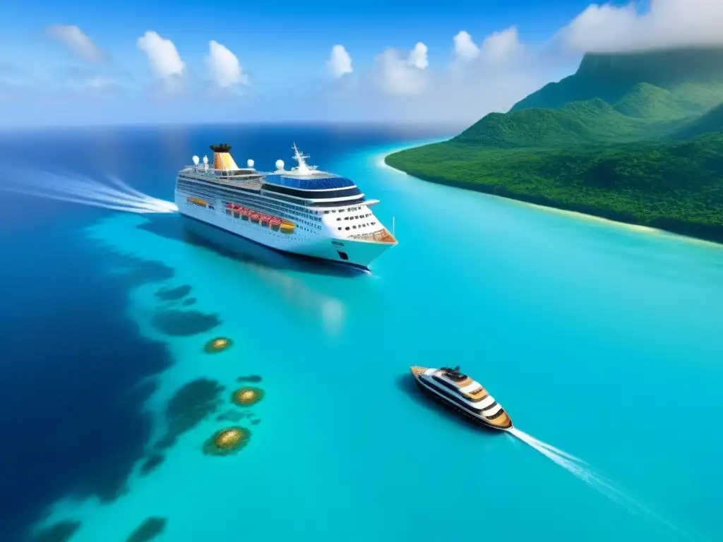 Un crucero sostenible navega entre islas tropicales, con tecnología ecoinnovadora