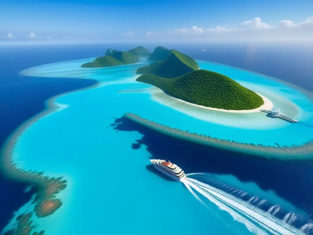 Un crucero sostenible líder navegando en aguas turquesas entre islas verdes bajo un cielo azul vibrante