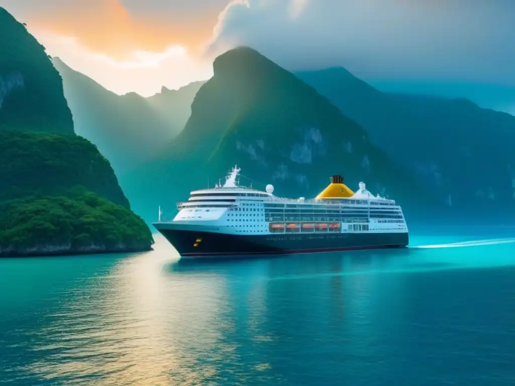 Un crucero sostenible de lujo navegando por aguas turquesas, rodeado de exuberante vegetación en islas tropicales al atardecer