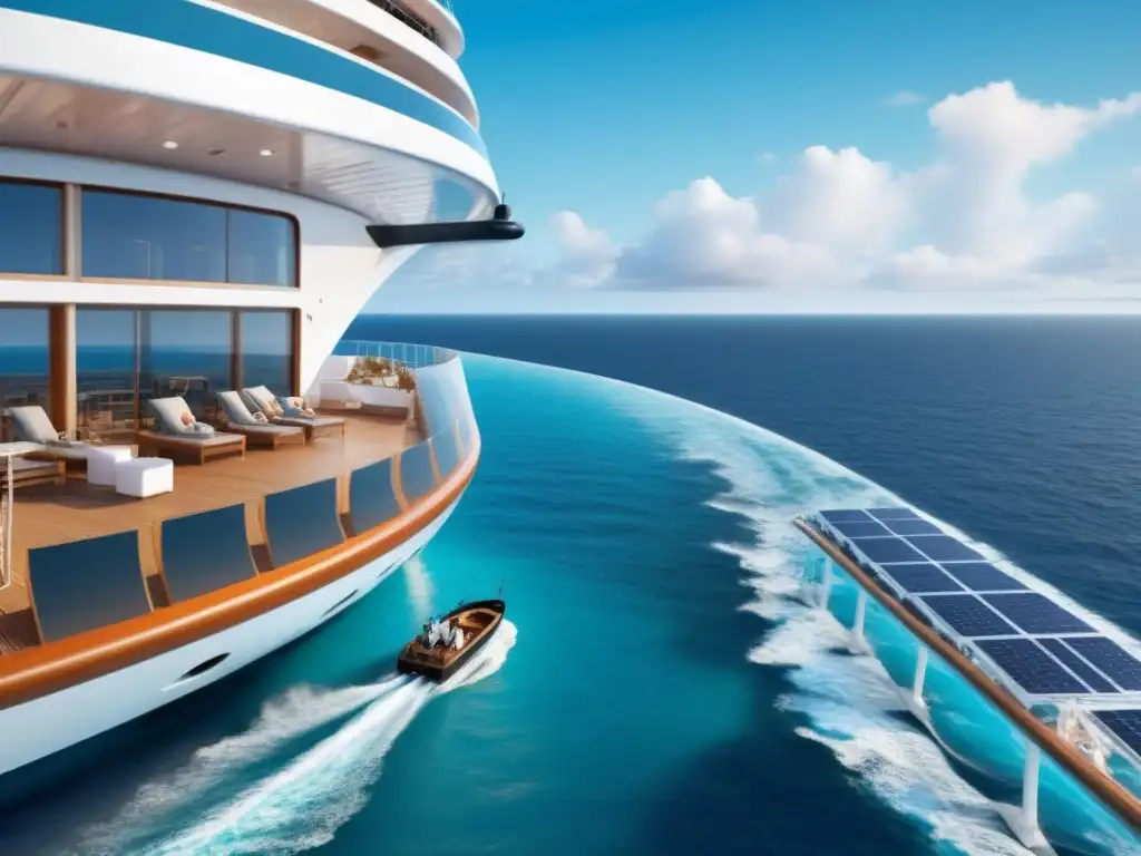 Un crucero sostenible de lujo con pasajeros disfrutando de un ambiente sin plásticos de un solo uso, rodeado de innovadoras prácticas ecofriendly