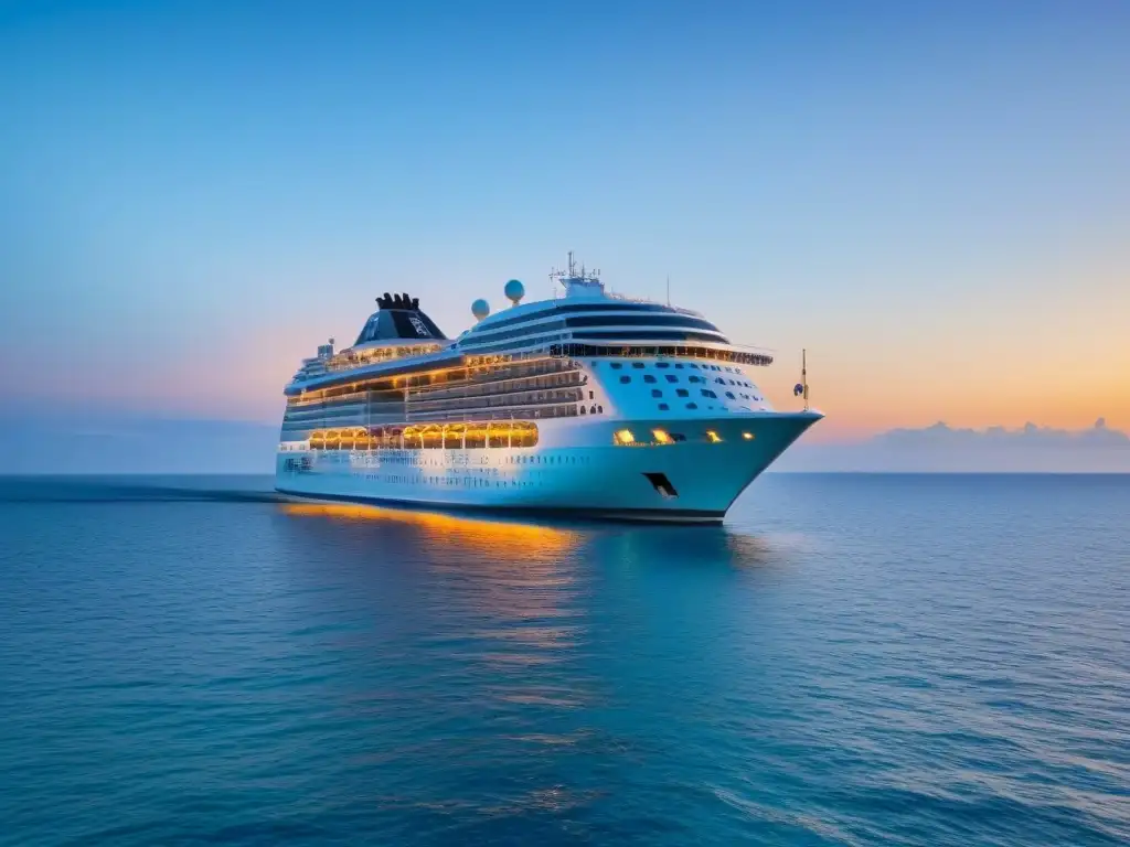 Un crucero sostenible en el mar, navegando en aguas turquesas bajo un cálido atardecer vibrante