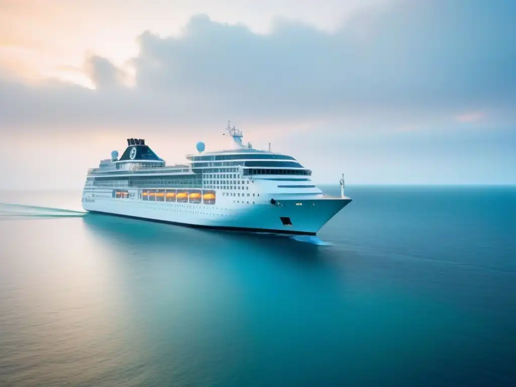 Un crucero sostenible en el mar, navegando con elegancia en aguas tranquilas bajo un cielo pastel