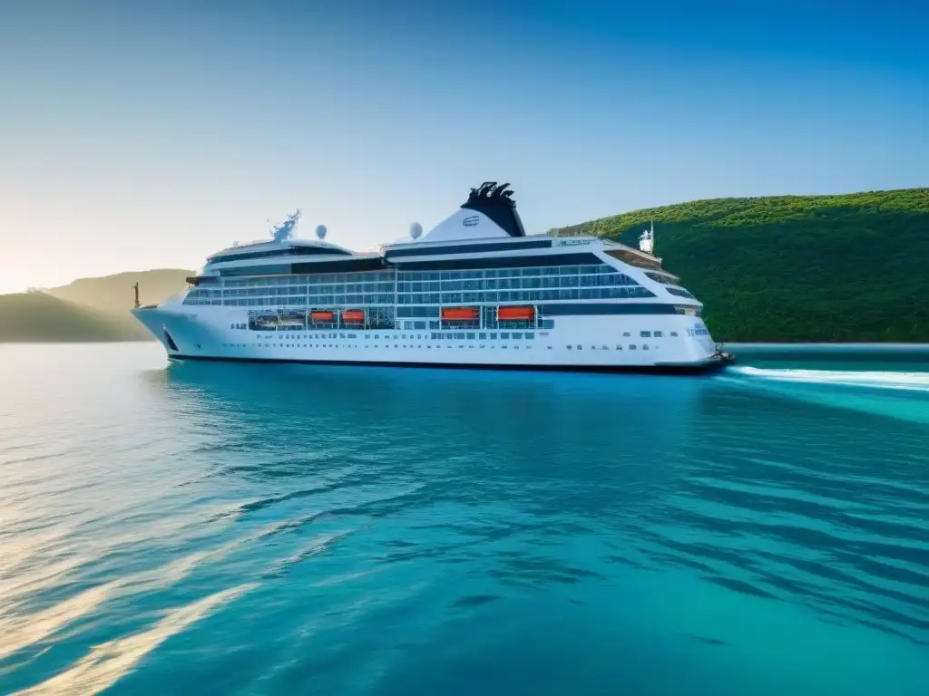 Un crucero sostenible colaborando con ONGs, navegando en aguas cristalinas entre flora y fauna vibrante al atardecer