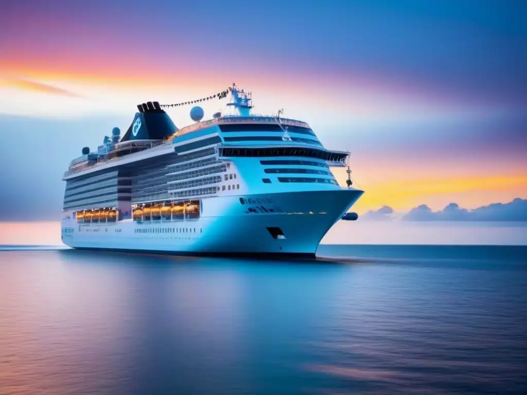 Un crucero sostenible sin residuos navegando en aguas cristalinas bajo un cielo vibrante al atardecer