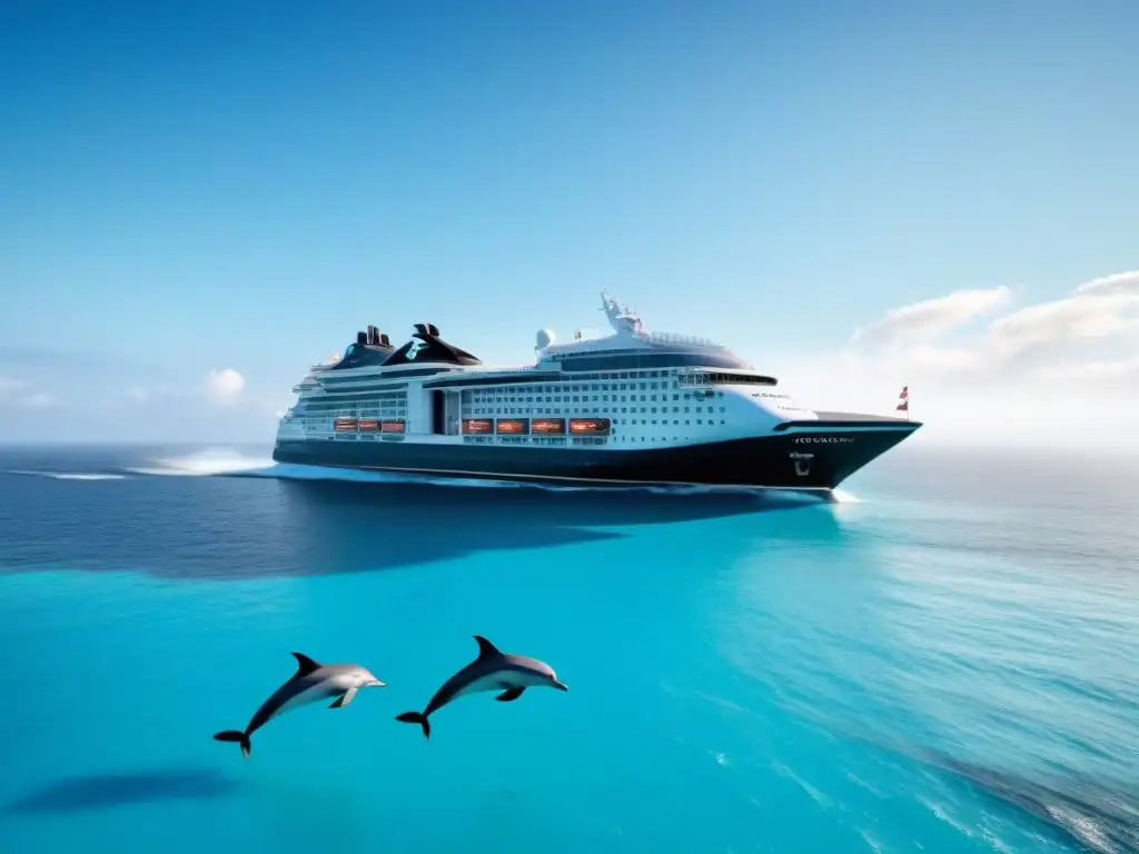 Un crucero sostenible para turismo marítimo surca aguas turquesas, con delfines y paneles solares