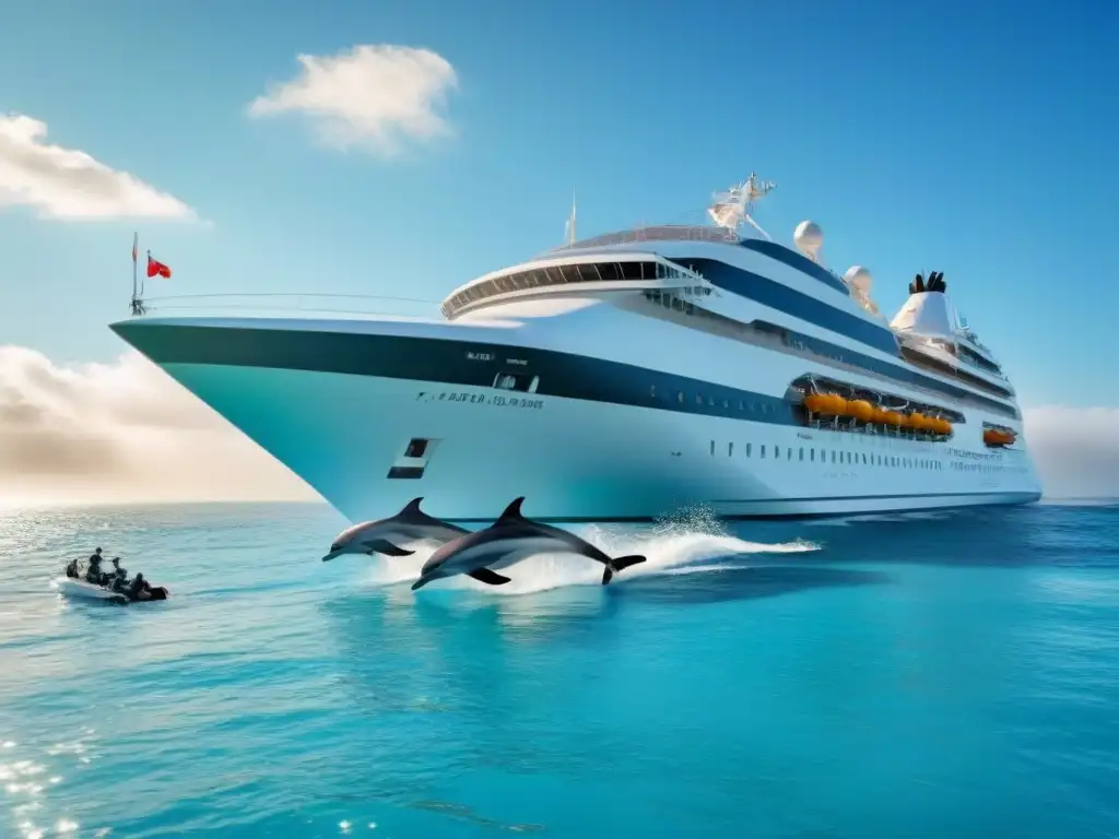 Un crucero spa de lujo en el mar, rodeado de delfines majestuosos saltando bajo un cielo despejado y dorado