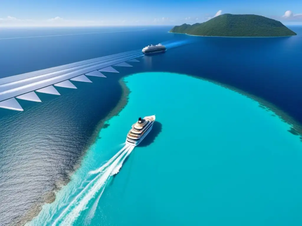 Un crucero de tecnología verde surca aguas turquesas con diseño futurista, paneles solares relucientes y naturaleza exuberante en islas cercanas