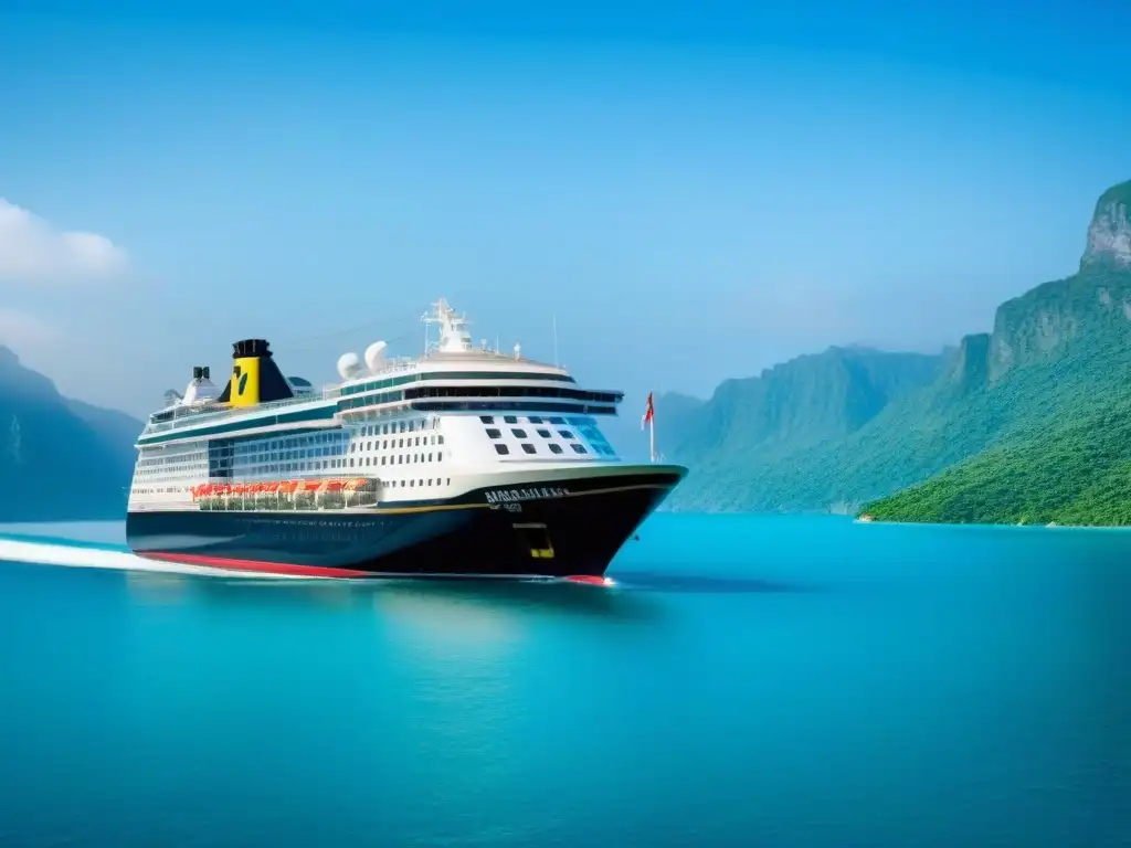 Un crucero de tecnología verde navegando en aguas turquesas, rodeado de montañas verdes y cielo azul