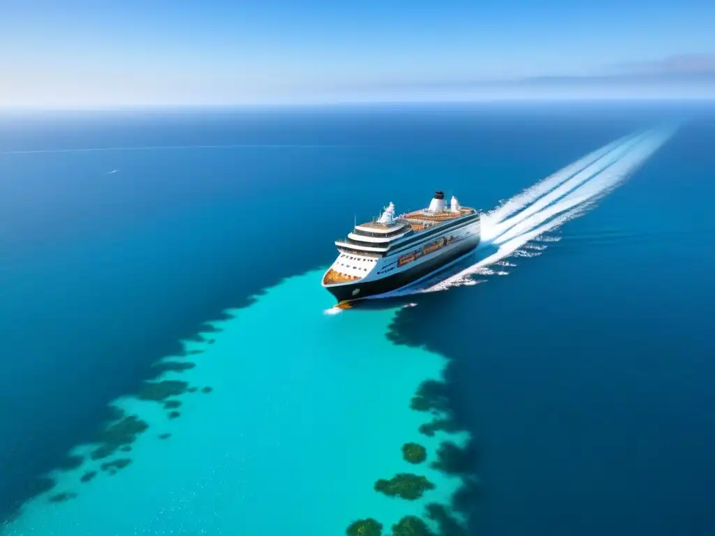 Un crucero de tecnología verde surca aguas turquesas, con paneles solares relucientes y paisajes naturales exuberantes