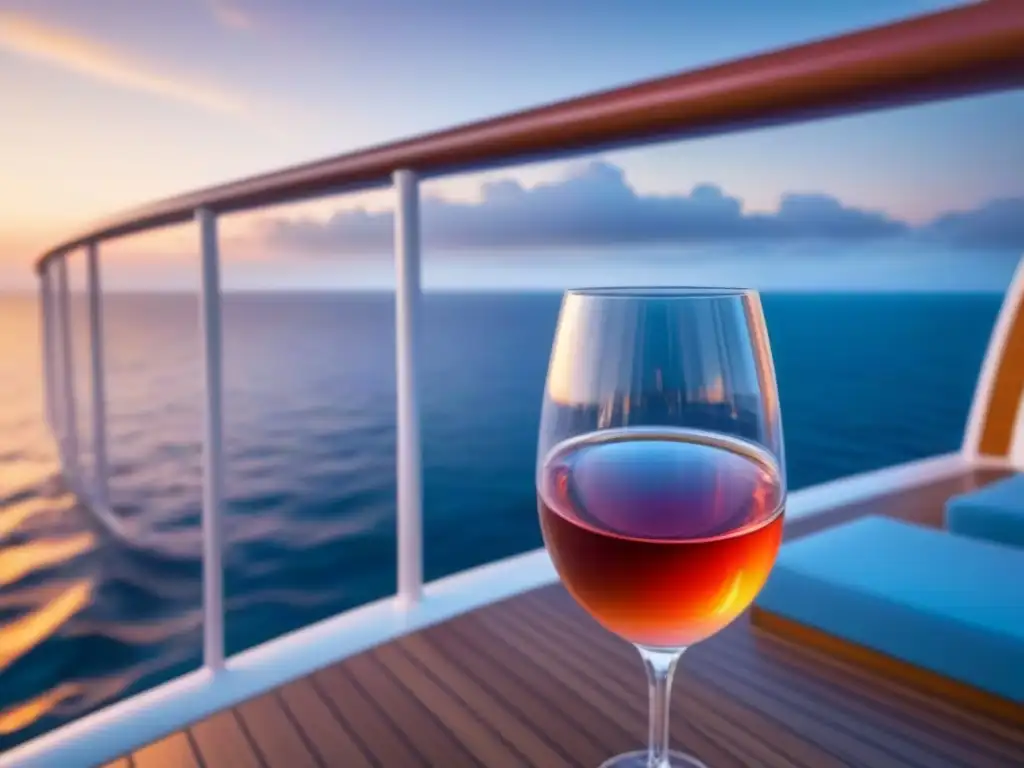 Crucero temático para enófilos en aguas serenas al atardecer, con detalles de vid y copas de vino