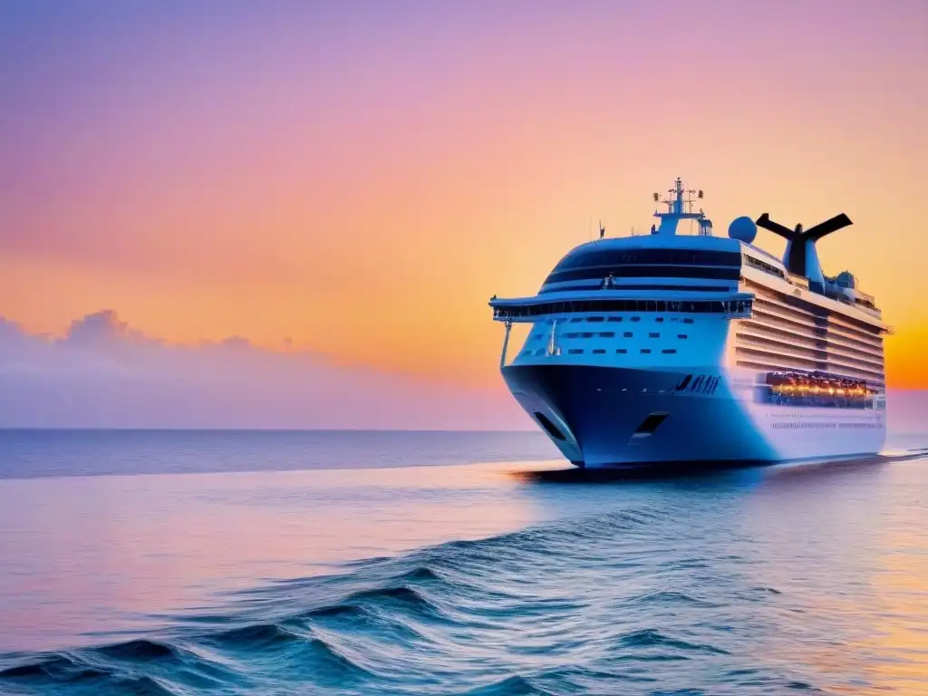 Un crucero temático de música en alta mar, navegando al atardecer en aguas cristalinas y serenas, bajo un cielo pastel