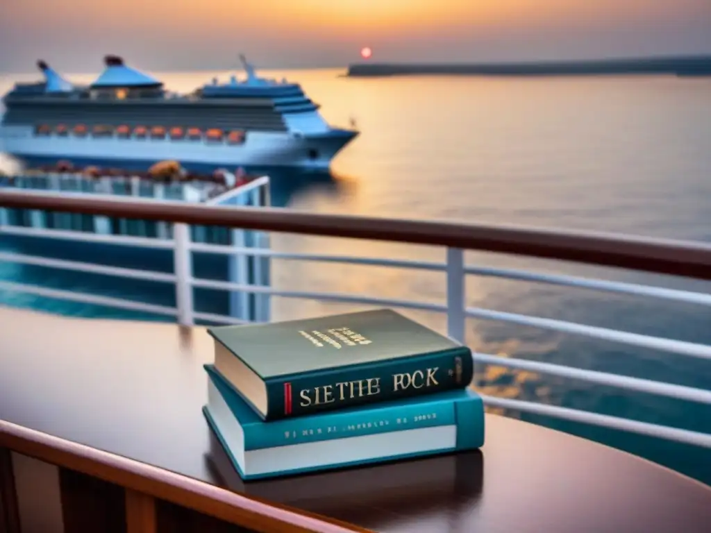 Crucero temático para amantes de libros: un barco navegando al atardecer con libros clásicos en cubierta