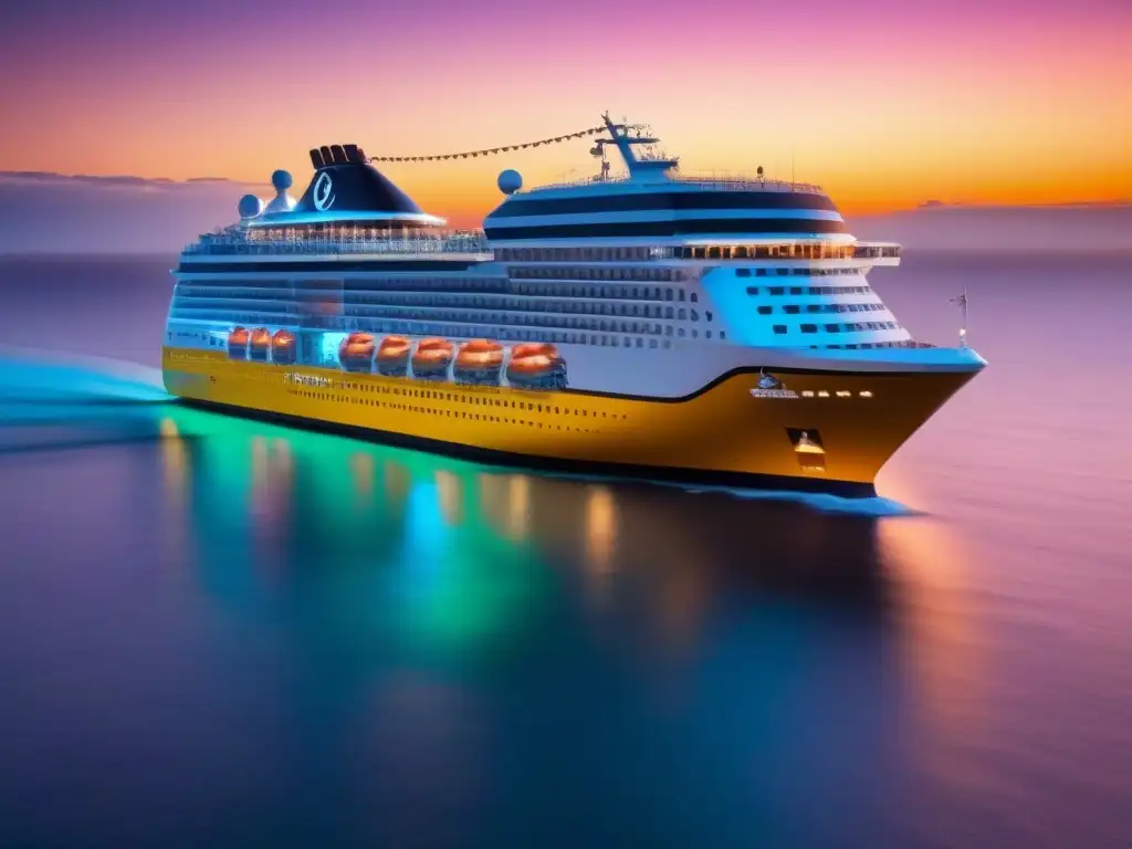 Un crucero temático de cultura pop con iconos vibrantes integrados en su diseño, navegando al atardecer